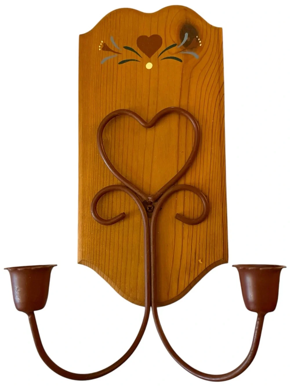 Heart-shaped Brown Wood & Metal Wall Hook Sconce by